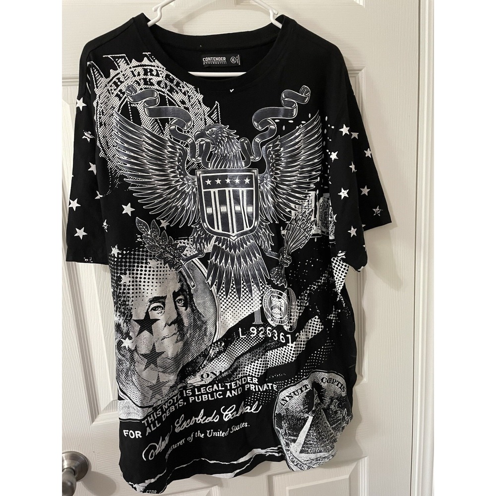 Contender Graphic T-Shirt –‎ Bold All-Over Money & Eagle Print – Size XL